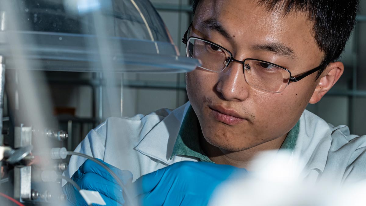 Haotian Wang, pictured, received a Packard Fellowship and an NSF Career Award for research into converting CO2 into pure liquid fuels. Photo by Jeff Fitlow/Rice University